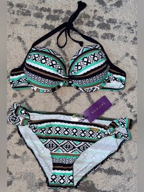 Women’s Black Green White Patterned Push-Up Halter Bikini